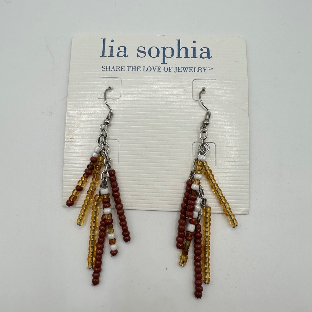 VTG Lia Sophia Seed Beaded Fringe Drop Earrings Brown Amber Boho Dangle Earthy